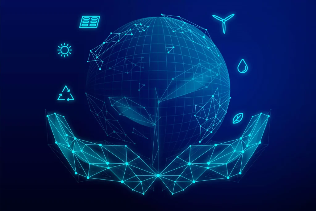 Digital illustration of a wireframe globe supported by hands, surrounded by icons of sustainability, symbolizing the global impact of ESG Data Providers.