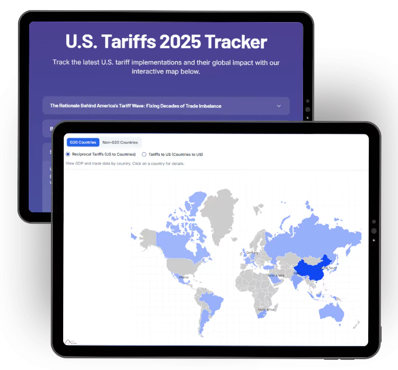 Interactive map mock-up showing the U.S. Tariffs 2025 Tracker