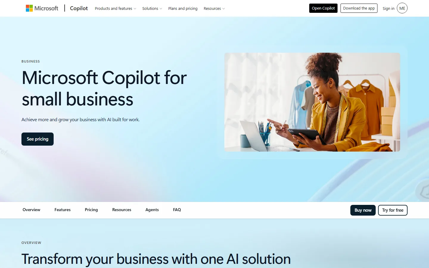 Microsoft 365 Copilot for business homepage