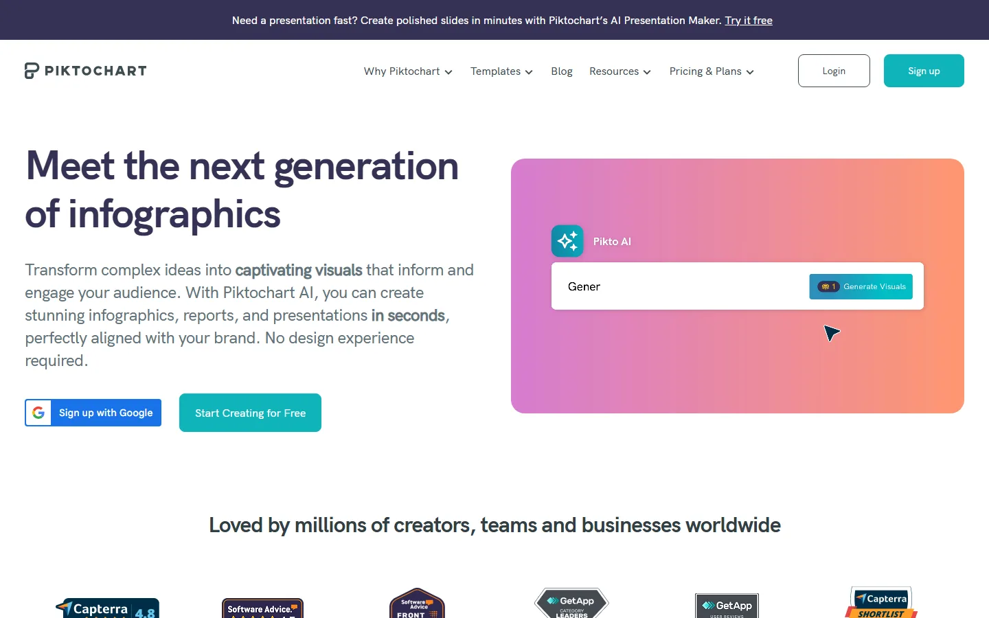 Piktochart homepage with Pikto AI