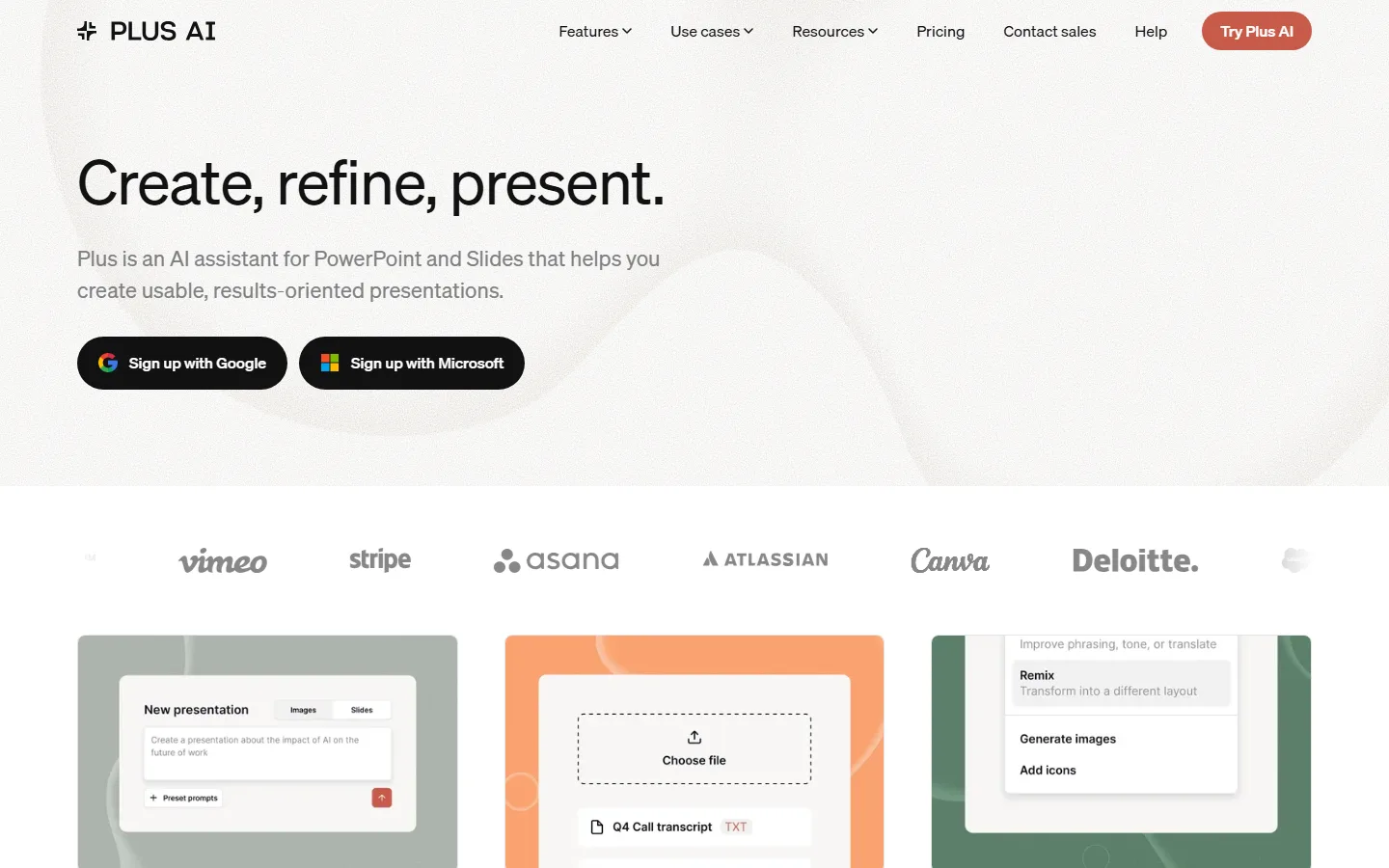 Plus AI homepage, AI assistant for PowerPoint and Google Slides