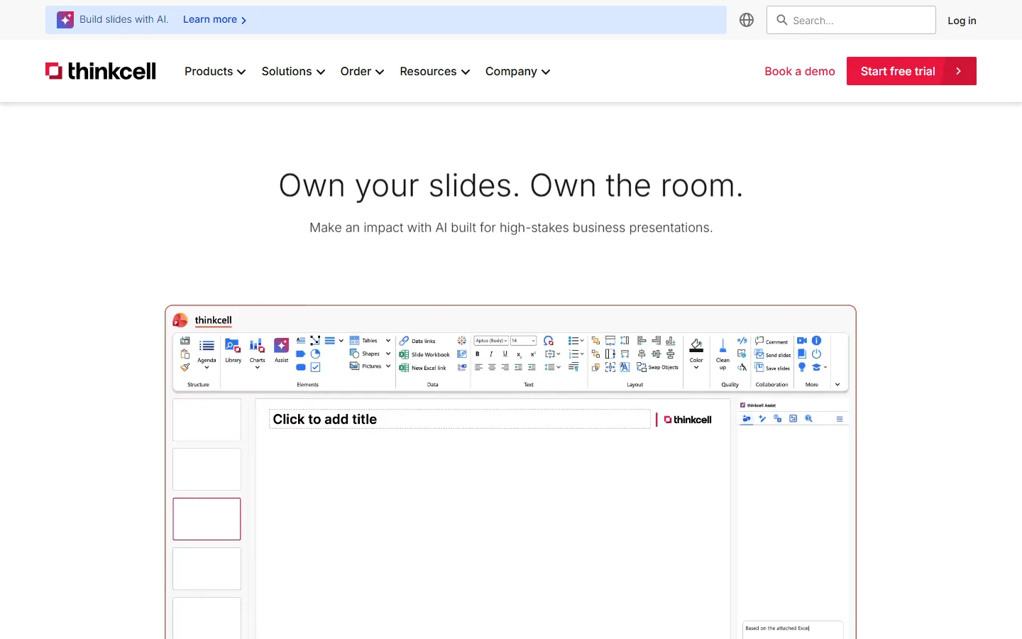 thinkcell homepage showing the thinkcell ribbon in PowerPoint