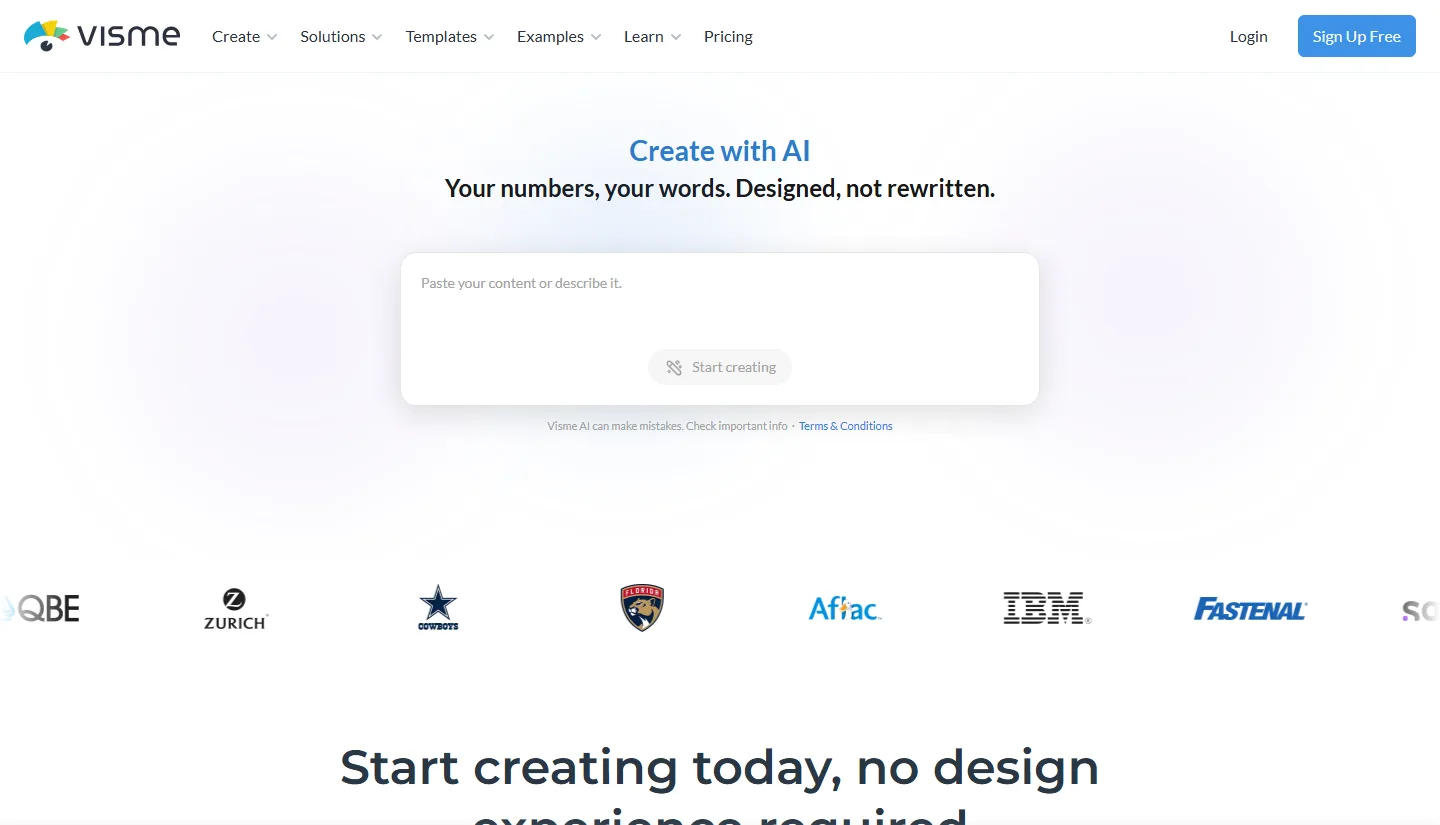Visme homepage with the Create with AI prompt